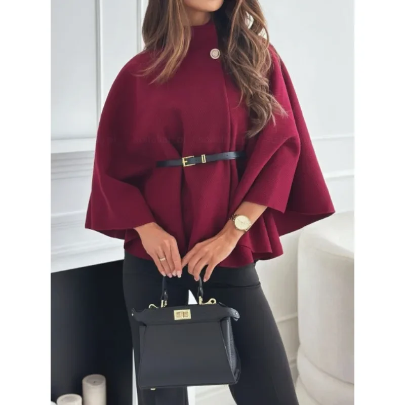 S-XXL nova moda feminina cor sólida manga longa casaco senhoras casual cintura cinta casual lã capa estilo jaqueta