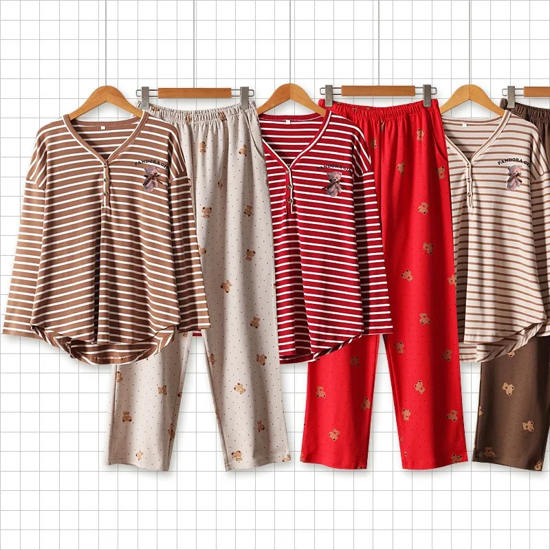 

Internet Celebrity Sweet Striped Bear Cotton Pajamas Long Sleeves Trousers Loungewear Loose Casual Autumn and Winter Pijamas Set