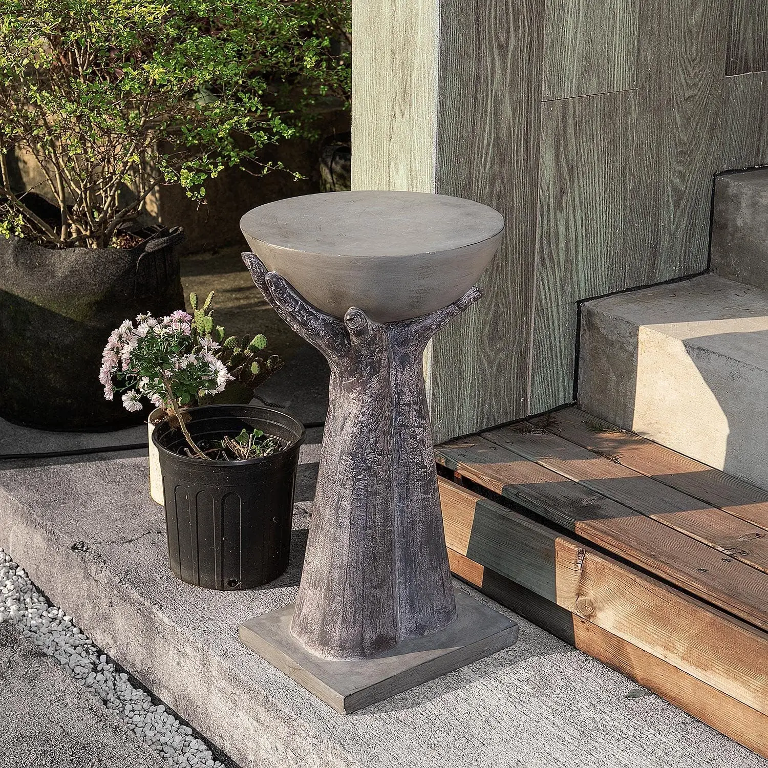 

Outdoor Side Table, Two Hands-Shaped Base w Round Top Accent Table, Lightweight Plant Stand, Concrete Finish