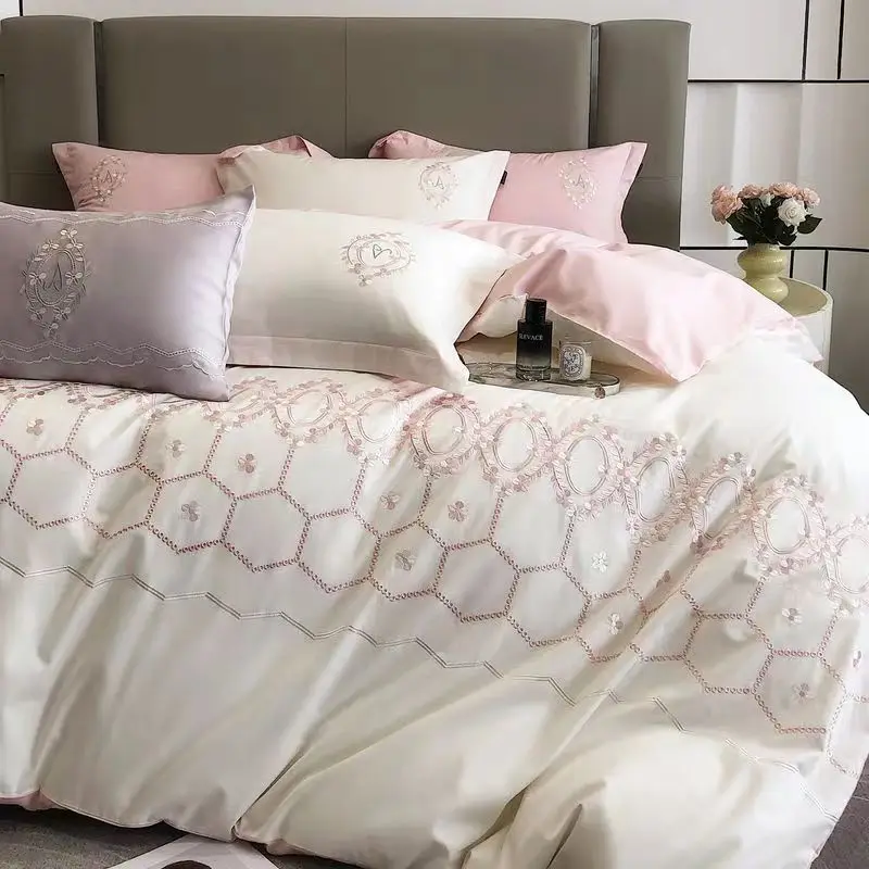 

100% Cotton Bedding Set Embroidery Floral Duvet Cover Twin Queen King Size Bed Sheet Pillowcases Single And Double Bed-linen