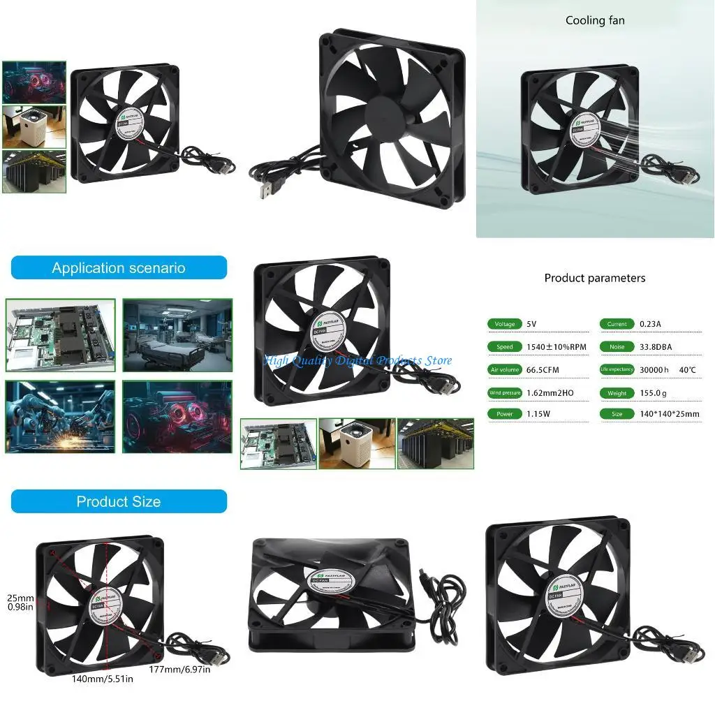 

U2JE 5V USB Computer Cooling Fan 14025 Ball Bearing High Airflows 30000Hrs Long Use