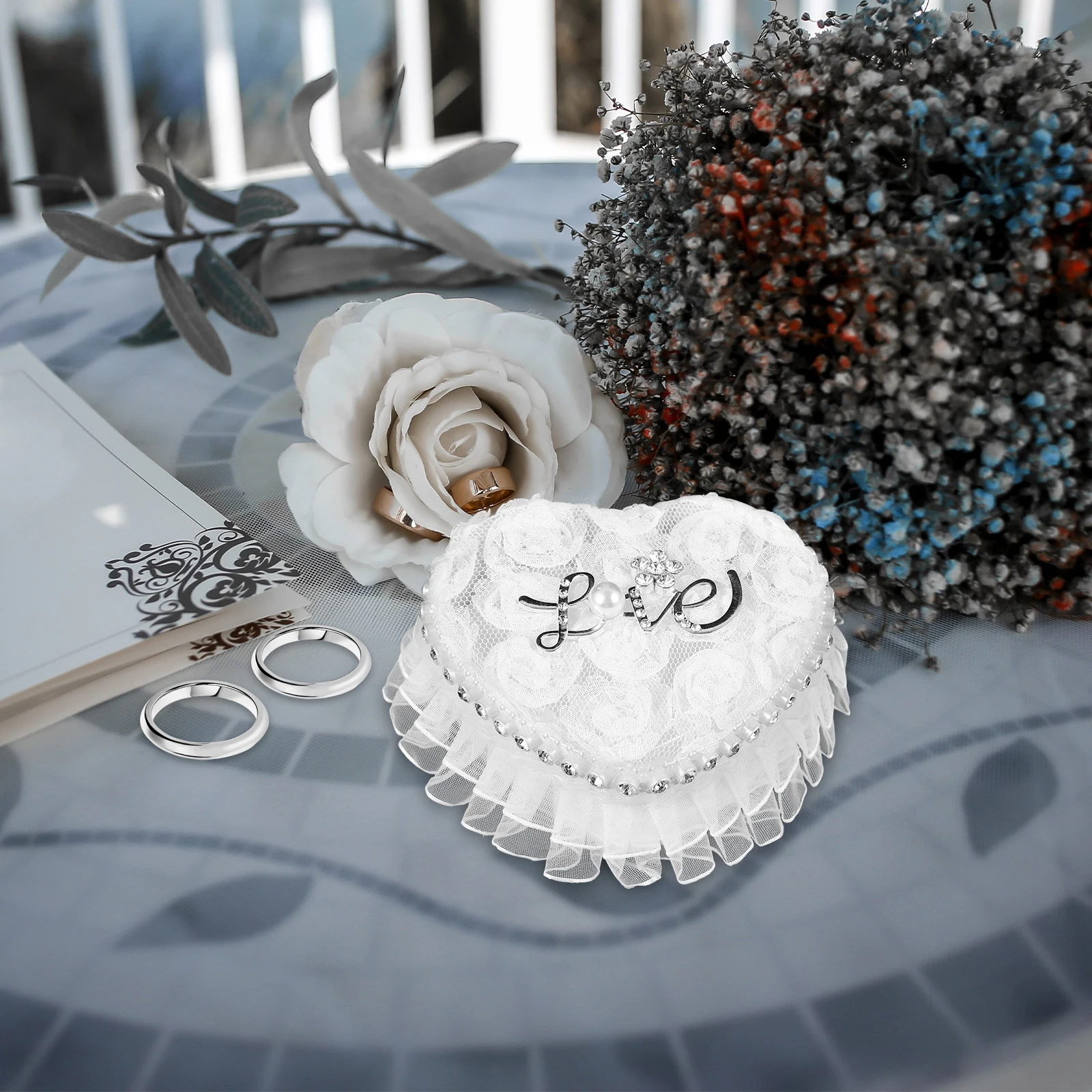 

1pc Heart Shape Box Lace Wedding Ring Holder For Ceremony Proposal Valentine'S Day, Compact Lightweight Fabric Plastic Design,