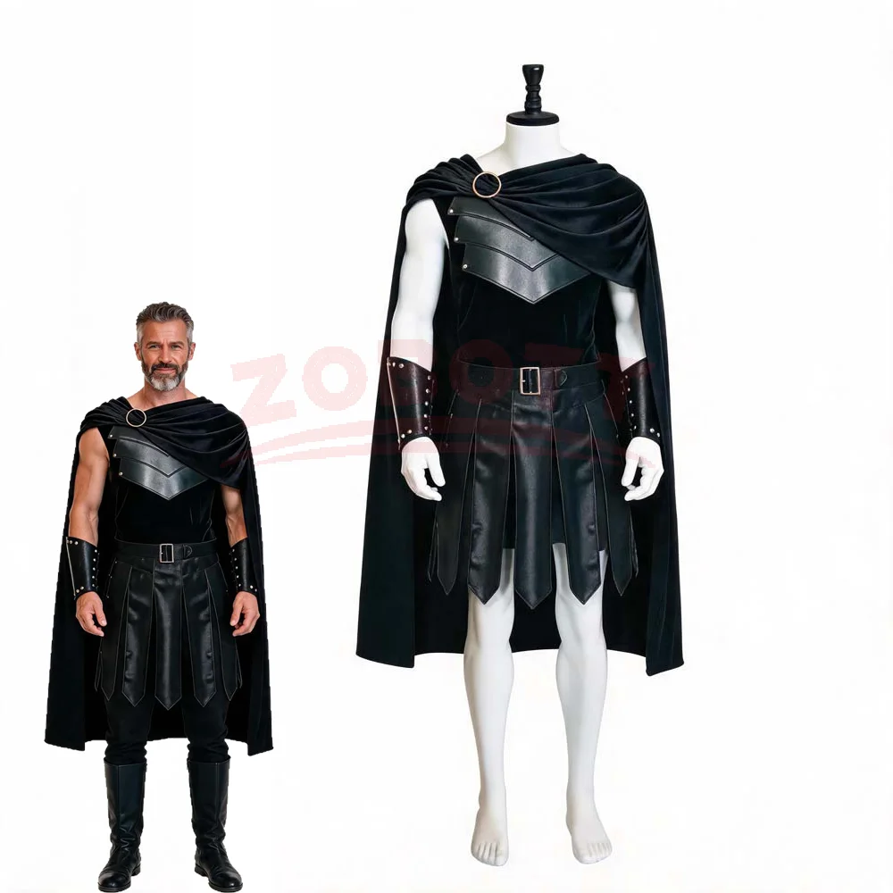 Männer Kostüm im Stil eines antiken griechischen Kriegers, Römischer Gladiator-Rüstungsanzug, Wikinger-Gladiator-Rock, PU-Leder-Kleid, Halloween-Party