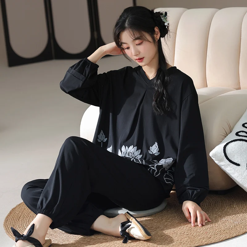 Autumn Winter Women pajama sets Cotton Floral Sleepwear Long Sleeve Round Neck Casual Soft Women's Pyjamas
