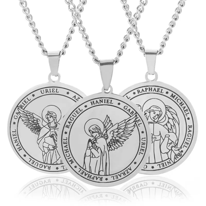 Fashion Classic Seven Angels Stainless Steel Medal Necklace Men Women Charm Amulet Michael Jewelry Gift