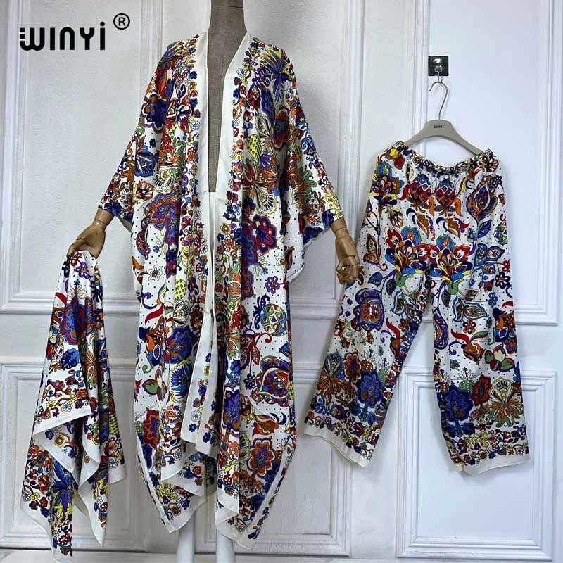 

WINYI summer Africa two-piece maxi Cardigan pant sets Boho Printed Batwing Sleeve kimonos Women Printing Fashion أطقم بناطيل