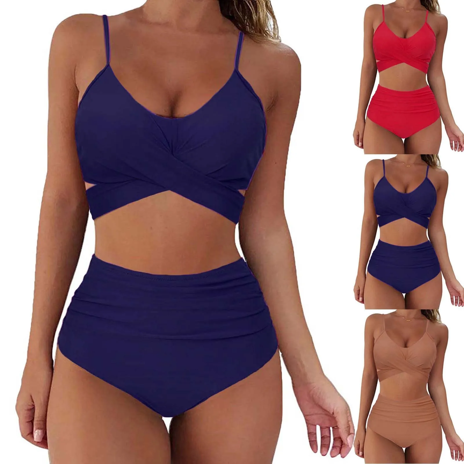 Damski seksowny solidny Push Up wysokie cięcie Halter zestaw Bikini dwuczęściowy strój kąpielowy Push Up strój kąpielowy Plus rozmiar S-5XL kostium