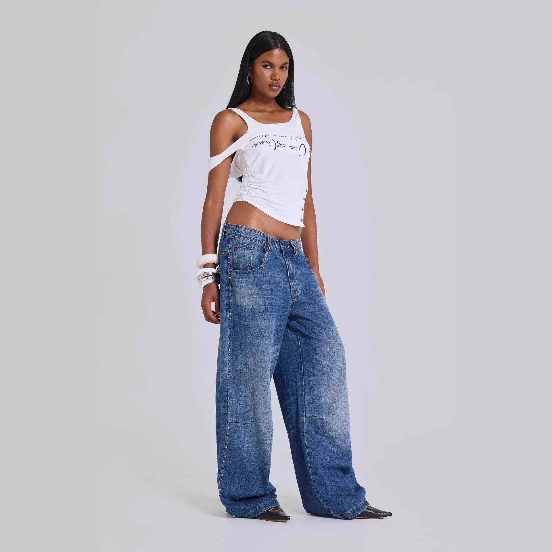 

Loose Women's Jeans Beaded Multi-Pearl Personality Trendy Autumn New Style Natural Waist Denim Fabric No Brand Registered Tra...
