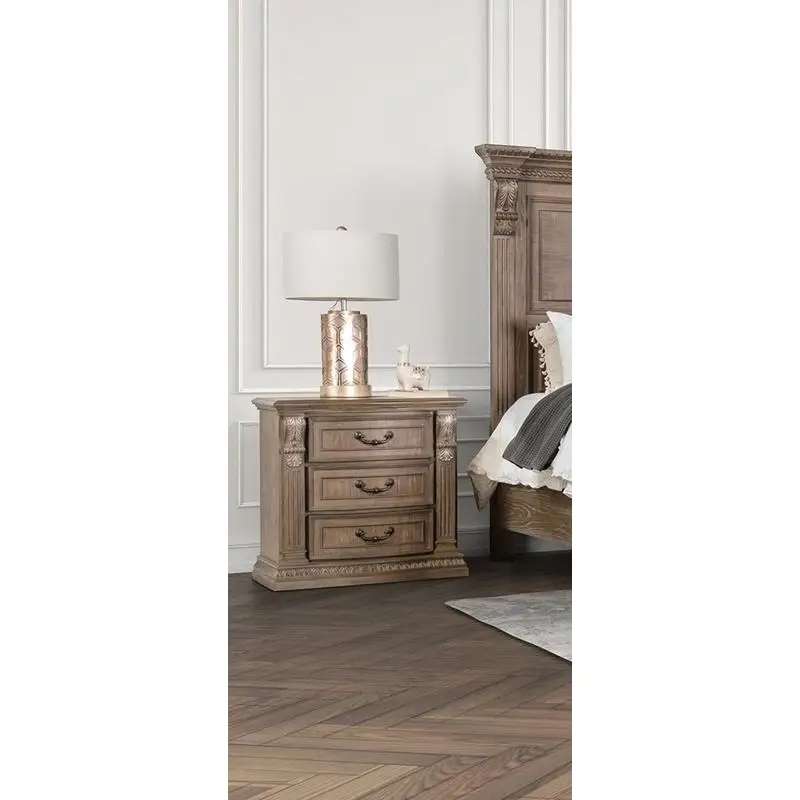 Table de chevet traditionnelle luxueuse, 1 pièce, finition chêne patiné, Design incurvé, Table de chevet en bois massif