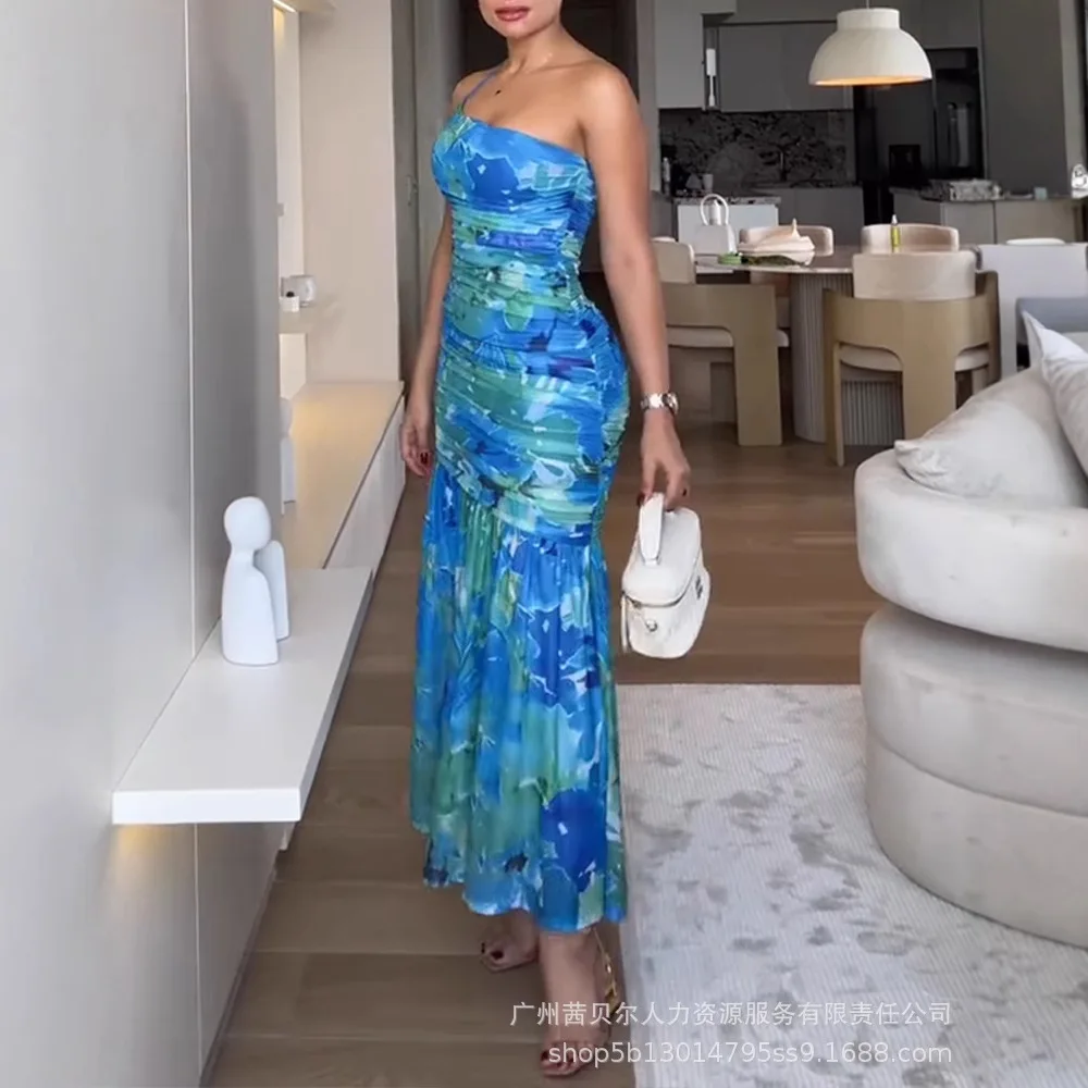 Women Bodycon Long Slim Dress Colorblock Floral Print One Shoulder Ruched Maxi Dress Casual Slim Fit Fishtail Dress