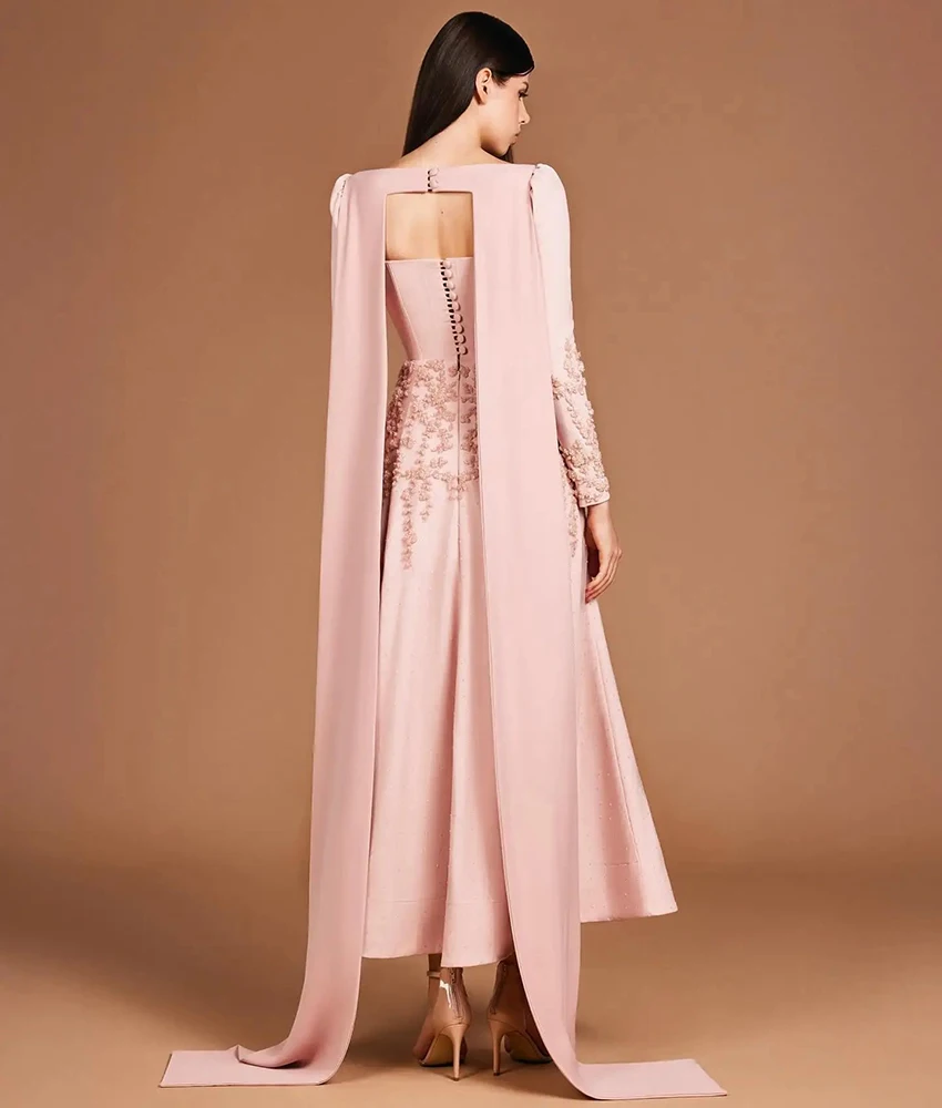 Abito da sera personalizzato in jersey di alta qualità con applicazioni a trapezio e bottoni, delicati abiti da festa alla caviglia con maniche lunghe e collo quadrato