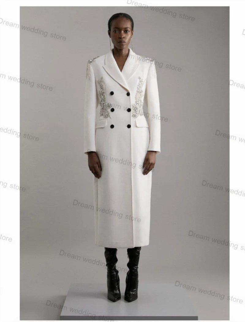 

White Cashmere Wool Women Suit 1 Piece Long Blazer Crystal Overcoat Wedding Prom Dress Formal Office Lady Jacket Customized Coat