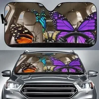 Funny Colorful Butterflies Family Left Hand Drive Car Sunshade for Butterfly Lover Gift, Butterfly Family Driving Auto Sun Shade