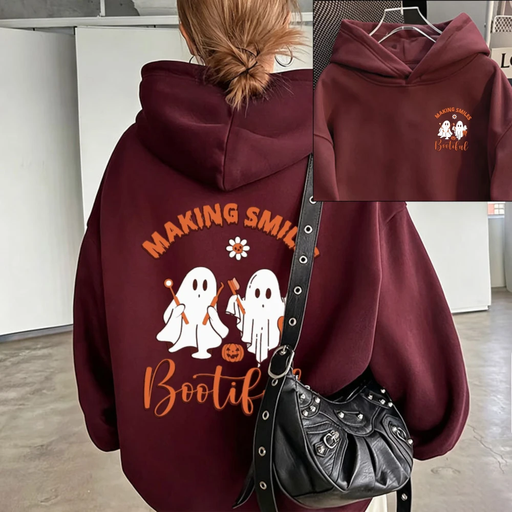 Cute Ghost Dentist Halloween Hoodie Groovy Floral Pumpkin Pullover Sweatshirt Making Smiles Bootiful Spooky Streetwear Hooded