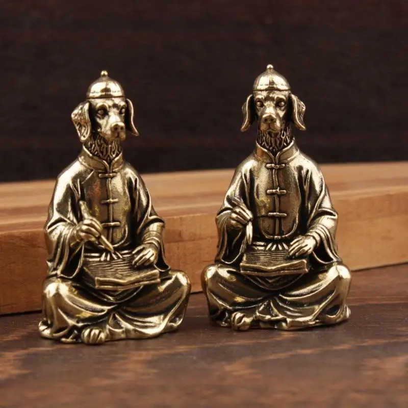 Vintage Brass Calligraphy Dog Figurine Mini Statue Cute Animal Desk Decor Puppy Collectible Ornament