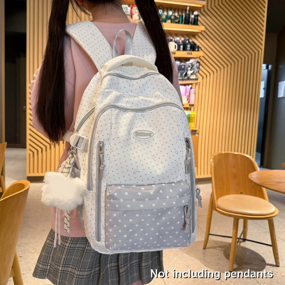 

Korean Style Block Star Print Backpack, Lightweight Multi-Pocket Nylon Office Commute and Casual Weekend Outings