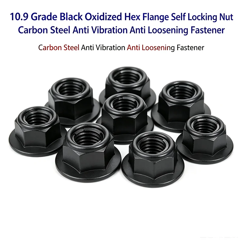 10.9 Grade Black Oxidized Carbon Steel Hex Flange Self Locking Nut Anti Vibration Anti Loosening Fastener M6-M16