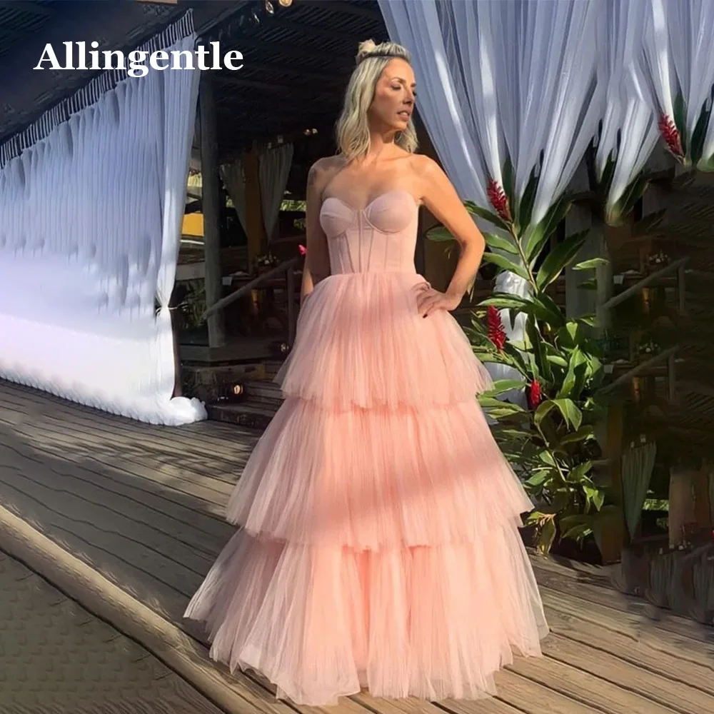 

Allingentle Blush A-Line Tiered Tulle Evening Dresses 2024 Sweetheart Prom Dresses Charming Strapless Party Gowns Robe De Soriee