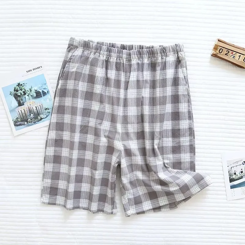 Men Pajama Pants Washed Cotton Large Plaid Shorts Simple Home Boxer Shorts Thin Easy to Clean Solid Color Sleeping Pants