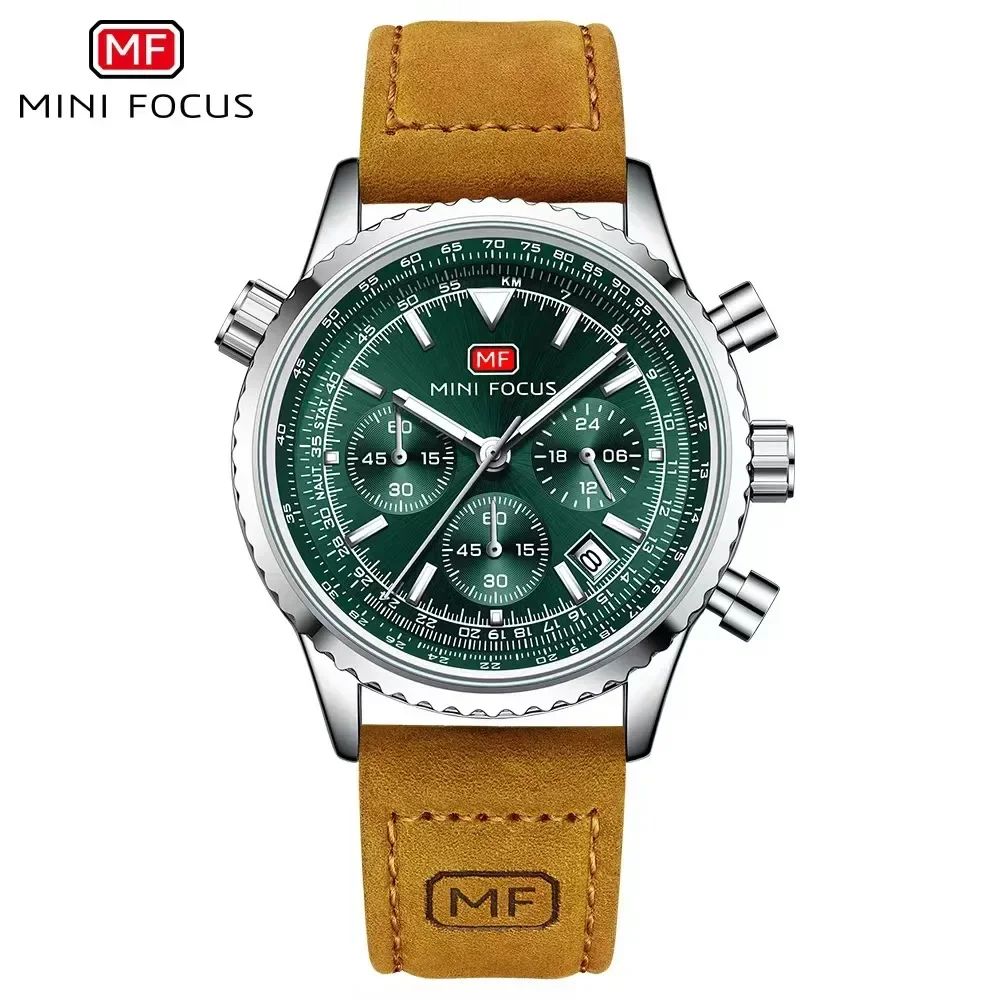 MINI FOCUS 0463G Men Leather Strap Waterproof Multifunction Wristwatches with Auto Date 24-hour Chronograph Quartz Watch