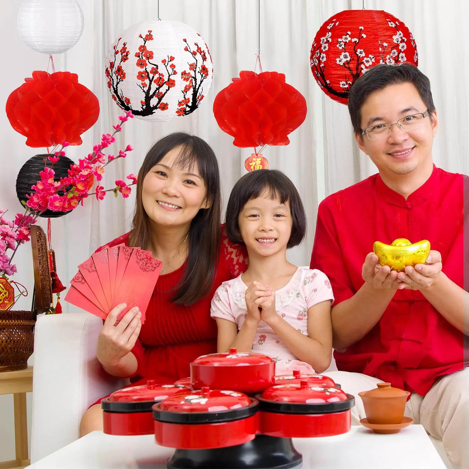Chinesische japanische hängende Papierlaternen mit Kirschblüte – runde Hochzeit, Geburtstag, orientalisches Restaurant, Zuhause, Party-Dekoration – Detail 4