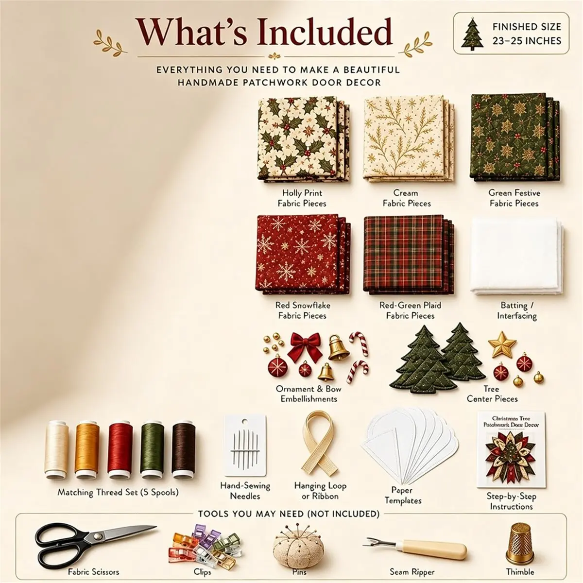 Festive Quilted Christmas Door Hanging DIY Sewing Kit for Beginners, Large Patchwork Fabric Craft Set