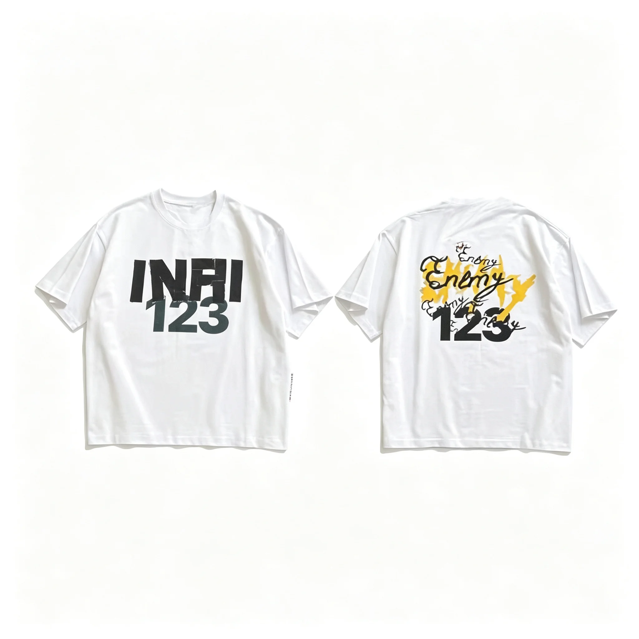 2026 Men Dual‑Side Graffiti Letter Number Graphic T‑Shirt Street Brush Stroke Print Loose White Short‑Sleeve Tee Top