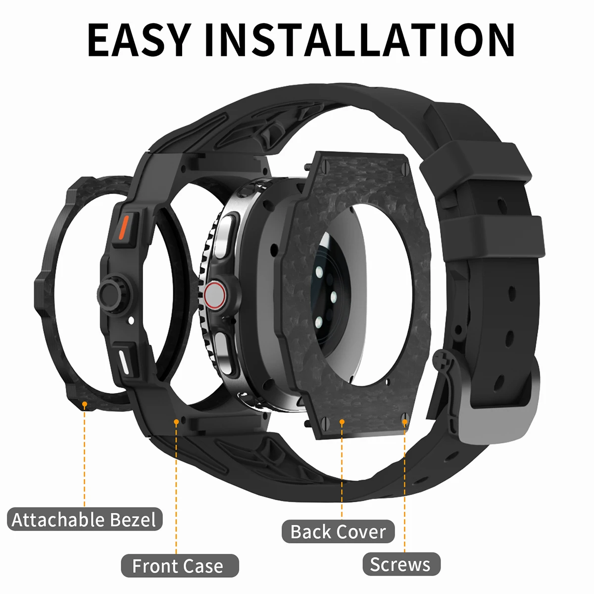 Carbon Fiber Case for Samsung Galaxy Watch 8 Classic 46mm Mod Kit Fluororubber Strap for Galaxy Watch 8 44mm Modification Kit