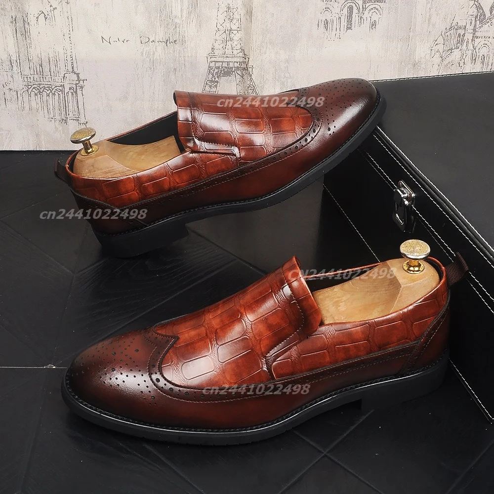 Men's Slip-On Crocodile Embossed Glossy Upper Brogue Edge Detail Loafers, Low Heel, Flat Outsole Footwear in Vintage Brown Black