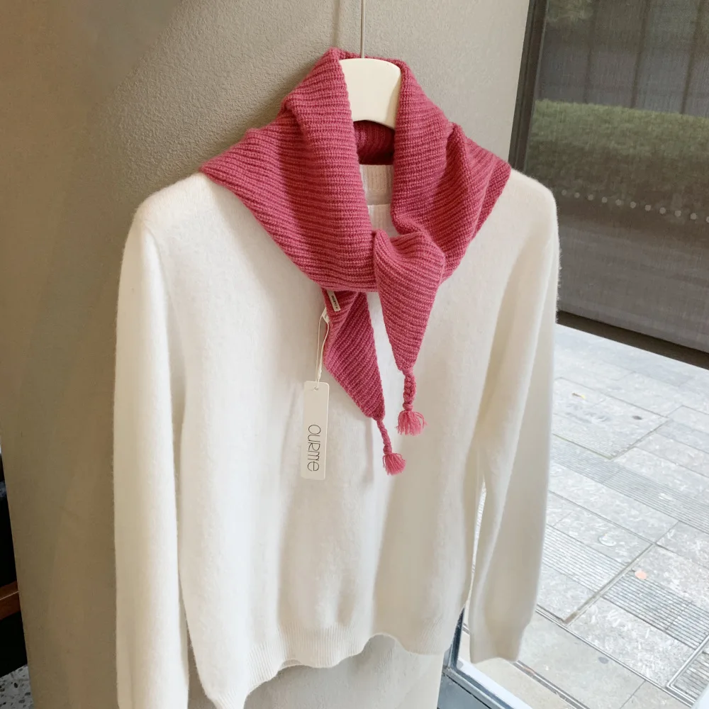 Autumn and Winter New Wool Knitted Triangular Scarf Versatile Soft Waxy Shawl Dual-purpose Solid Color Fringed Scarf