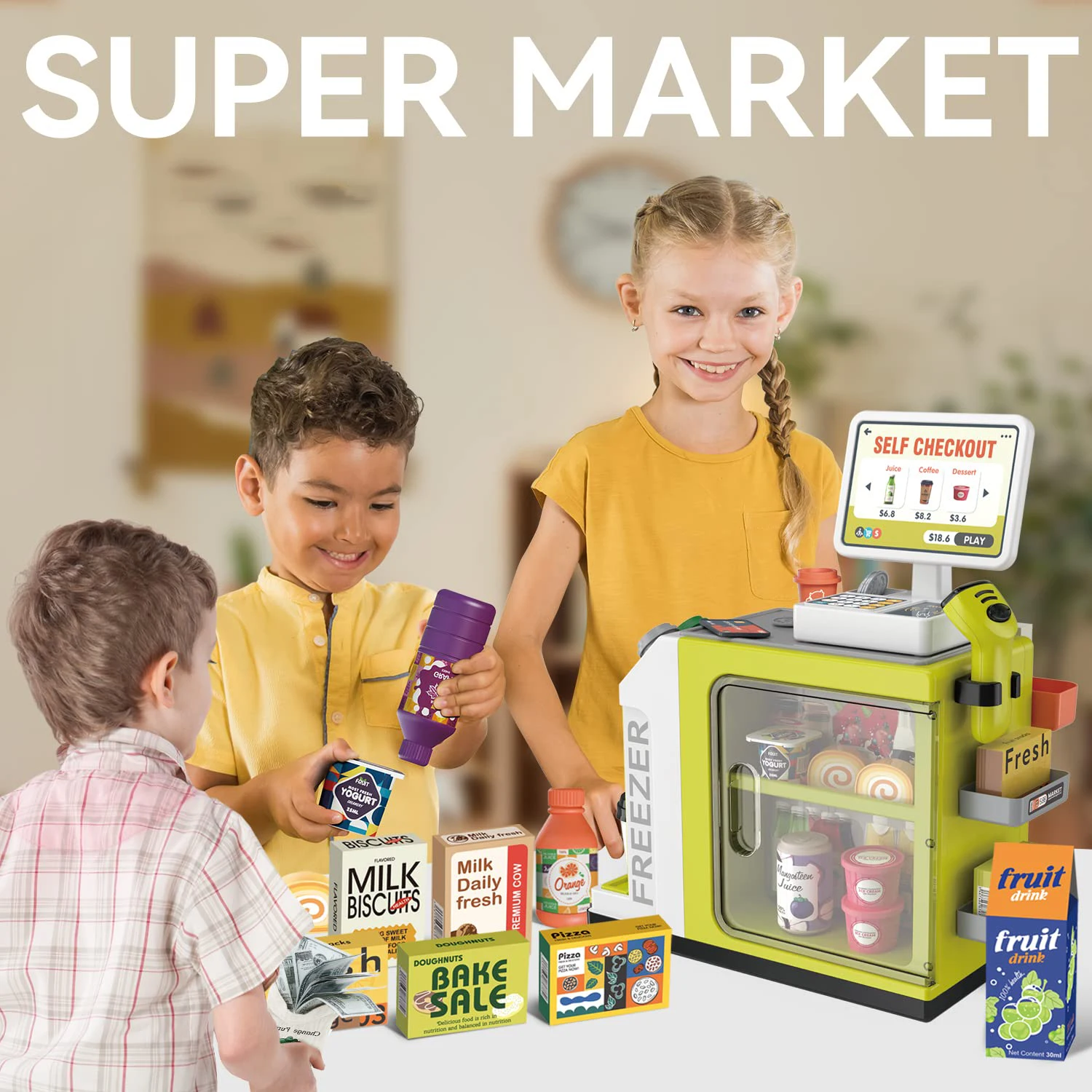 Mini giochi di finzione Il bancone della macchina da caffè per lo shopping del supermercato giocattolo per bambini può produrre un set di banconi per la vendita d'acqua