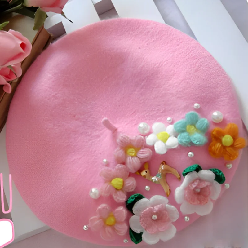 Y2k Beret Flower Pearl New Wool Woolen Peach Sweet Love Artist Hat Spring/Summer INS Funny Girl Pink Beret