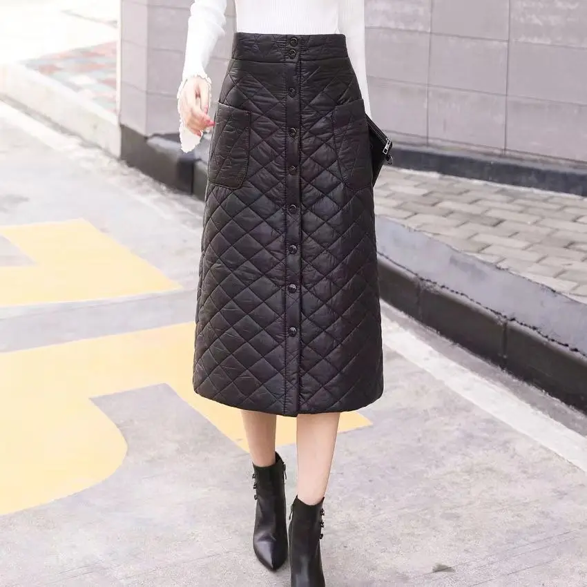 

New Autumn Winter Down Skirt Women Winter Single Breasted High Waist Warm Skirt Ladies Pockets A-line Fashion Skirts M131