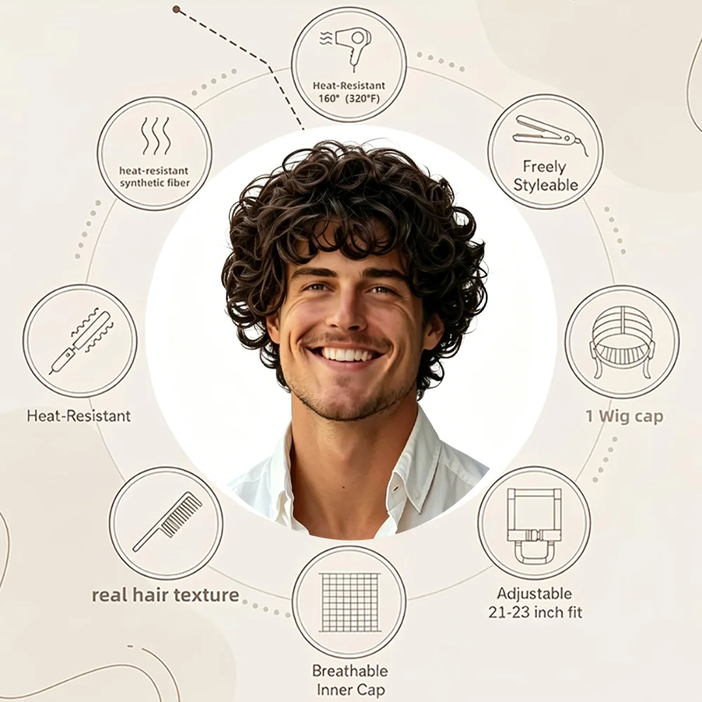 

Men's Natural Short Curly Wig Dark Brown No Glue Easy Wear Full Head Synthetic Wig For Asian Men Cosplay Daily Use