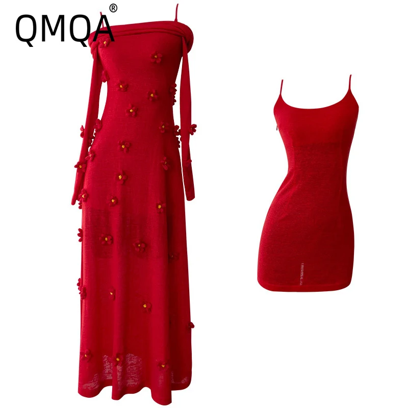 

QMQA Fashion Women's Elegant Dresses Three Dimensional Flower One Shoulder Elastic Knitted Dress 2025 Designer Clothing 1A779
