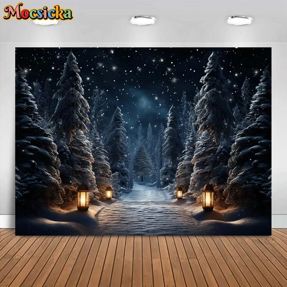 Mocsicka Winter Forest Backdrop for Photography Night Star Full Moon Snow Road Light Pine Tree Outdoor Portrait Photo Background