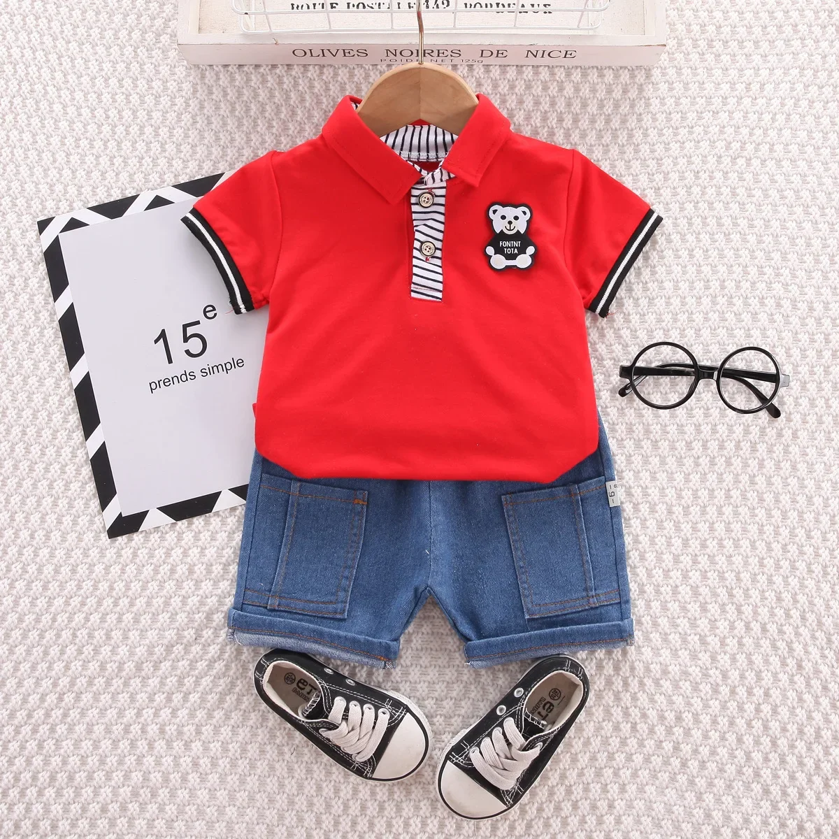 Baby Boys Summer Sets Clothing Korean Style Outfit For Kids Cartoon Short Sleeve Tops and Denim Shorts 12 18 Months Tracksuits