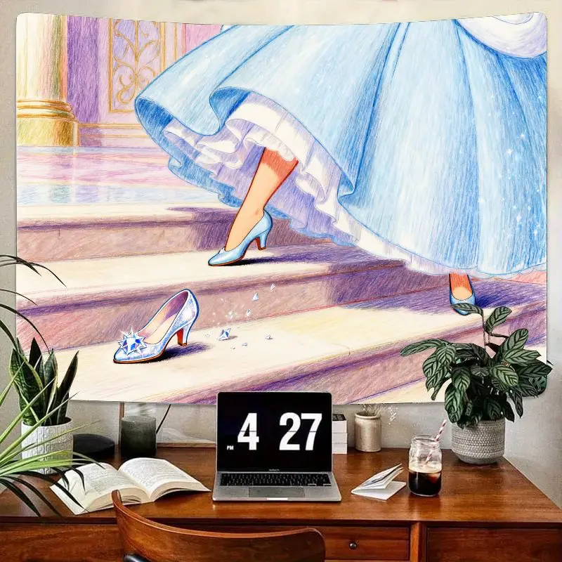 

1 шт., мечтательные тапочки Золушки, гобелен, синее платье, сказочная принцесса, настенное искусство, эстетический декор комнаты, подарок для девочки