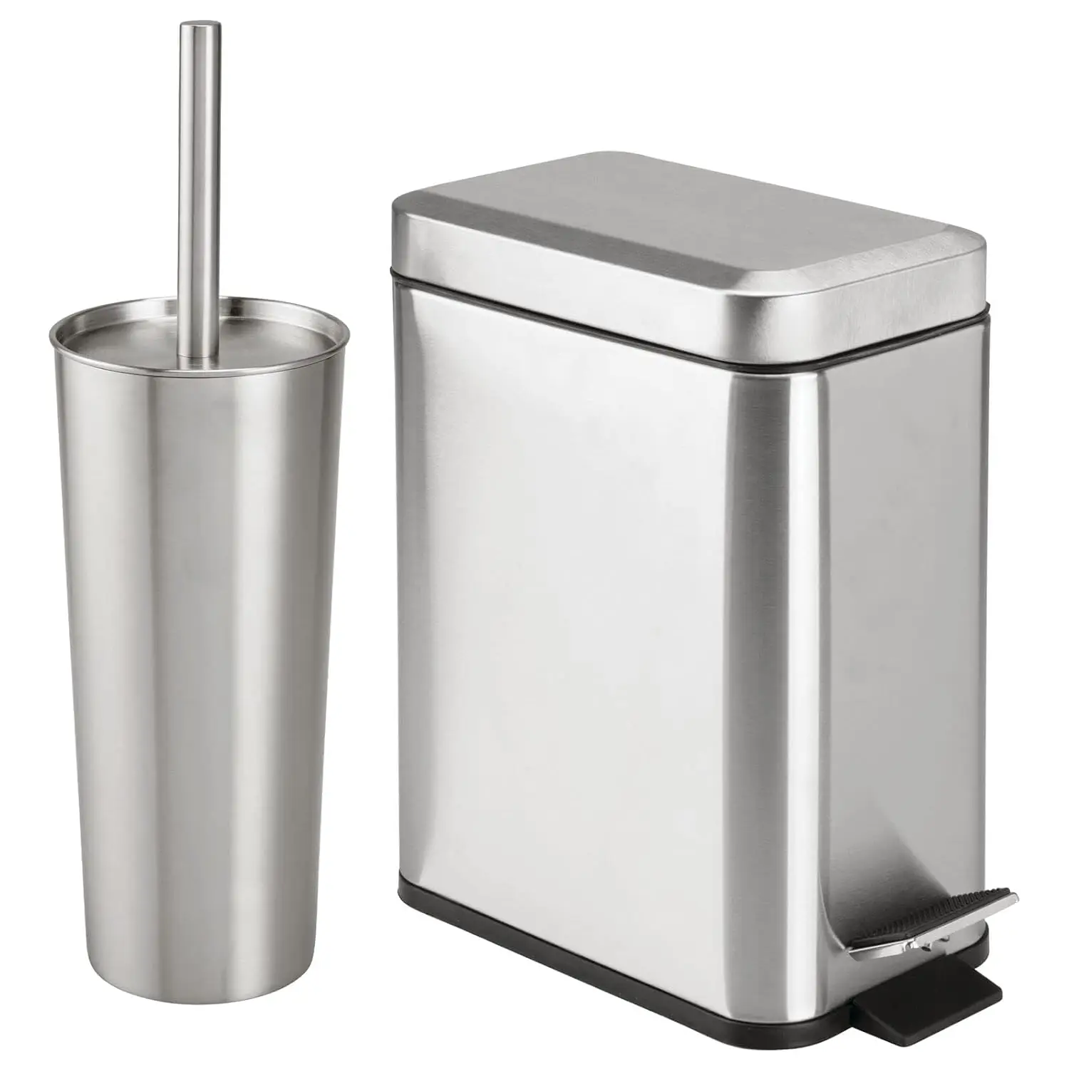 

Slim Toilet Brush Holder & Step Pedal Trash Can Set - Compact Bathroom Organizer, Brushed Chrome Finish