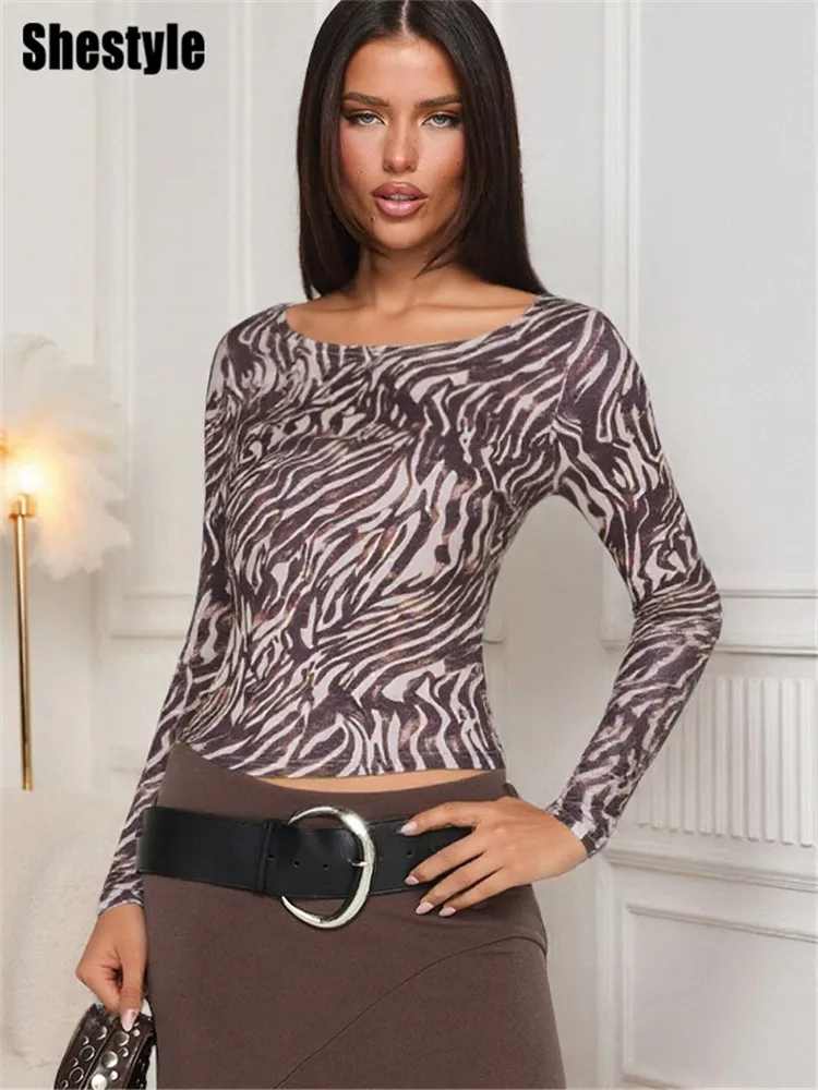 Shestyle Zebra Print Off Shoulder T-Shirt for Women Brown Long Sleeve Bodycon Striped Tight Brown Streetwear Exercise Crop Tops