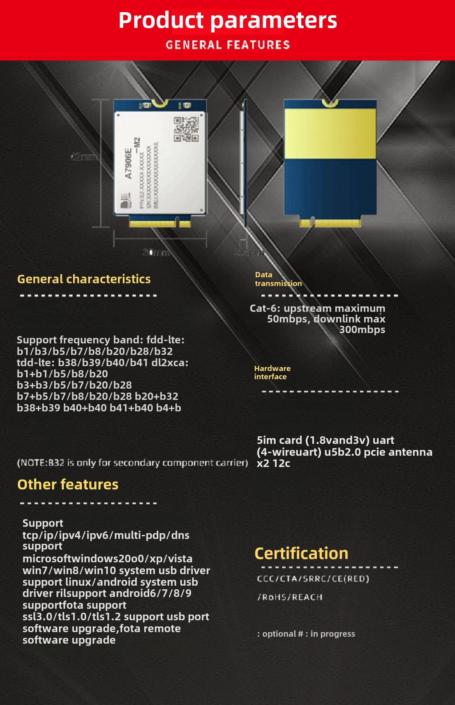 SIMCOM A7906E-M2 China Europa 4G Módulo de comunicação sem fio com certificação Kirin doméstica CAT6 de alta velocidade
