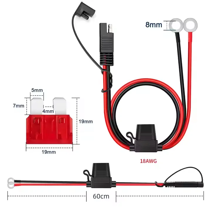 O-نوع محطة السيارة والدراجات النارية شحن البطارية 10A فيوز 60 سنتيمتر 18AWG محطة تمديد كابل إلى كابل SAE #2