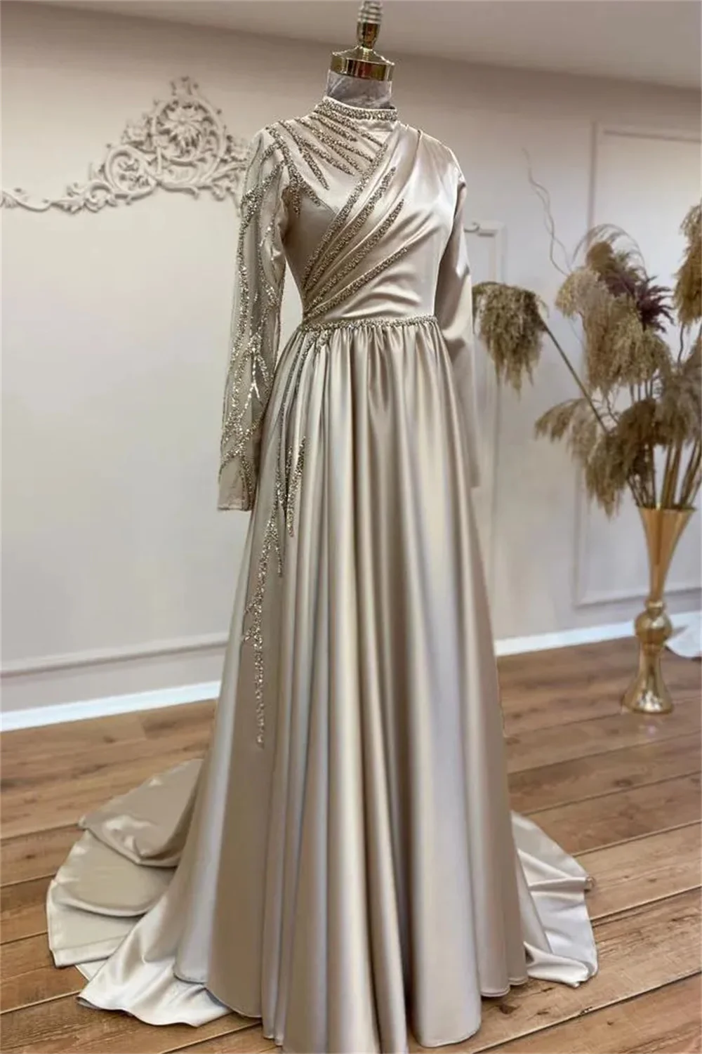 Amanda Modest Long Sleeve فساتين سهرة Luxurious Satin A-line Vestidos De Fiesta Light Champagne Elegant  Porm Dresses 2024