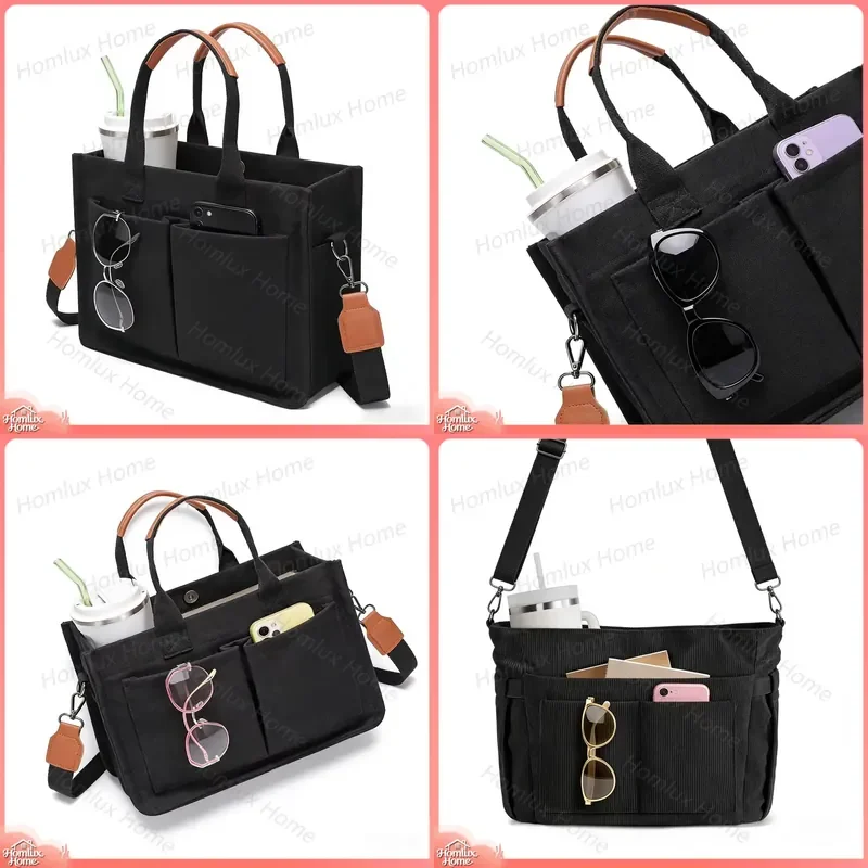Portable Canvas Tote Bag Multifunctional Work Bag with Removable Shoulder Strap Cup Holder Large Capacity Shopping Bag for