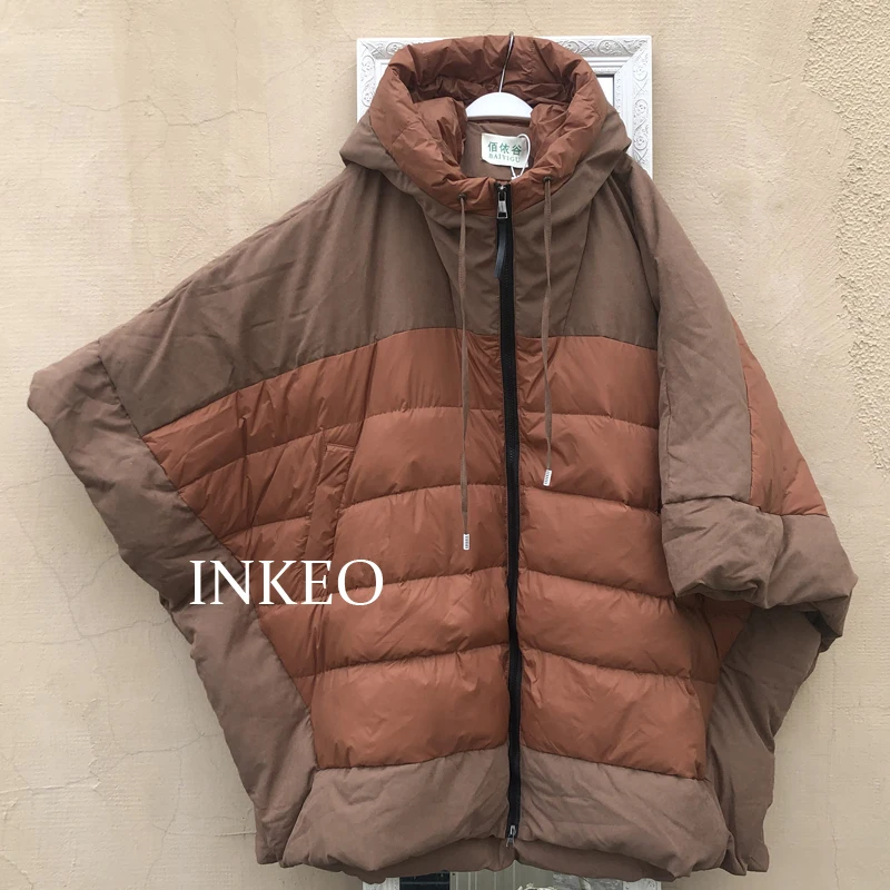 INKEO-chaquetas de plumón con capucha para mujer, abrigo grueso, holgado, marrón, manga de murciélago, largo, de gran tamaño, cálido, talla grande,