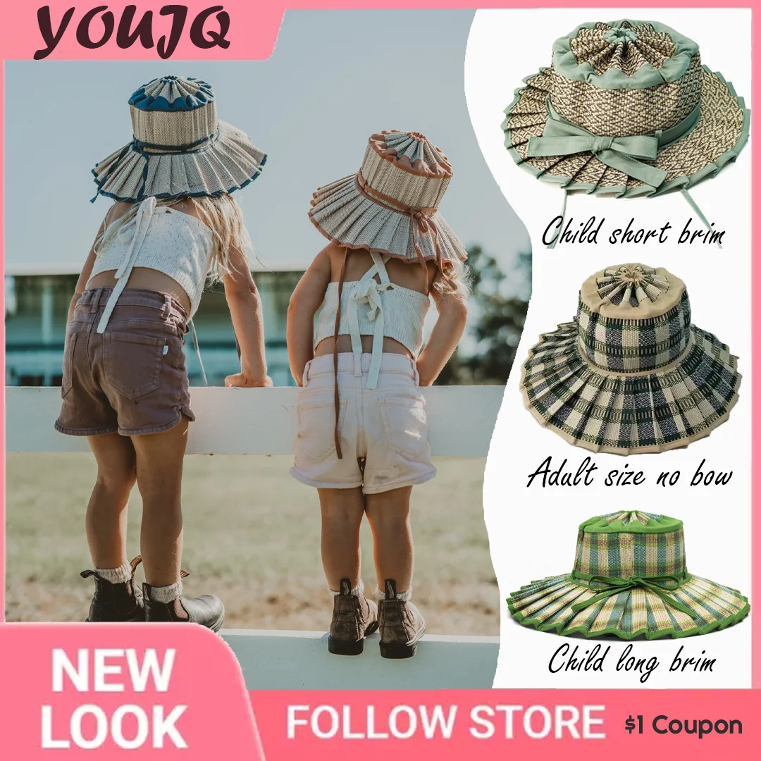 Parent-child Foldable Straw Hat Ins Hot Hand-woven Panama Straw Hat Personality Plaid Bow Decoration Sunscreen Children Sun Hat