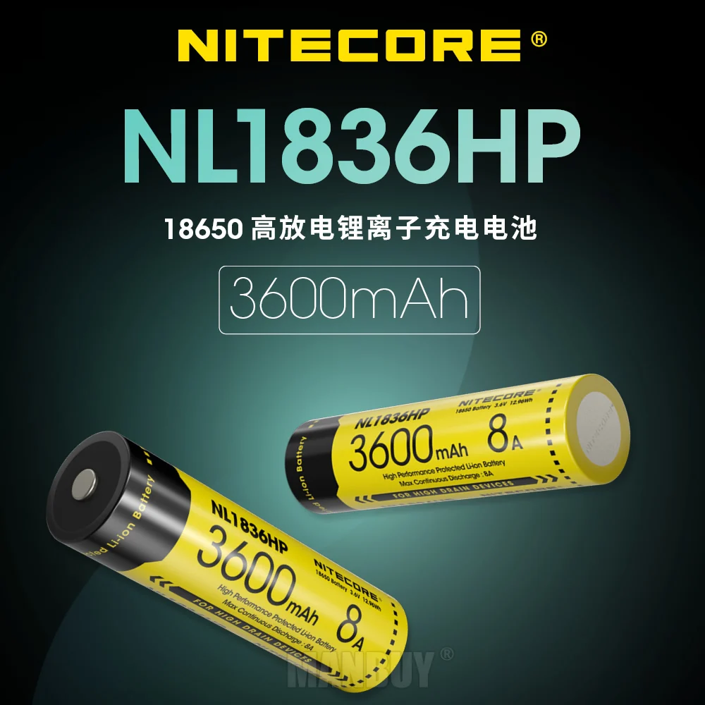 Nitecore-Li-ion Button Top Battery para dispositivos de drenagem, alto desempenho, protegido, NL1836HP, 18650, 3600mAh, 3.6V, 12.96Wh, 8A, 2024