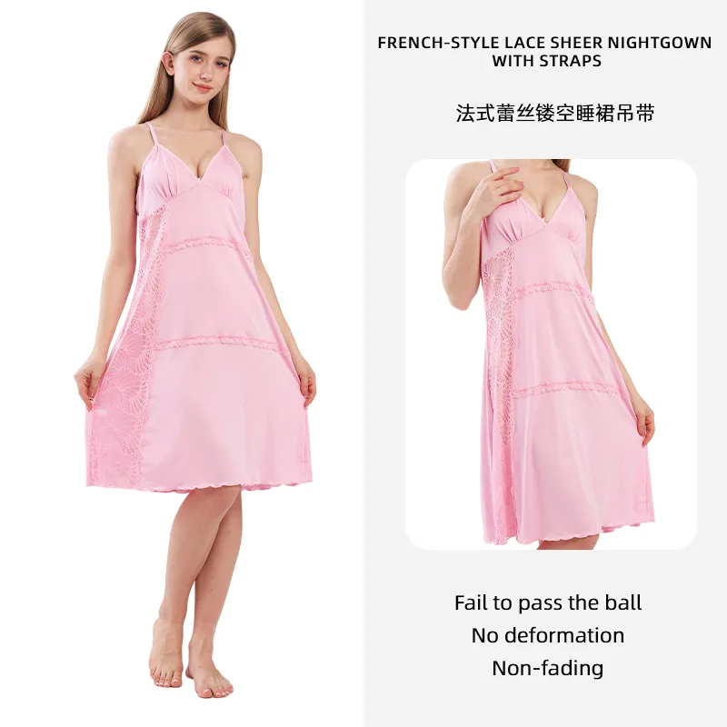 Nightgown Female Sexy Solid Color Suspender One-piece Pajamas Lace Satin Sleepwear Night Dress Women Homewear Night Gown