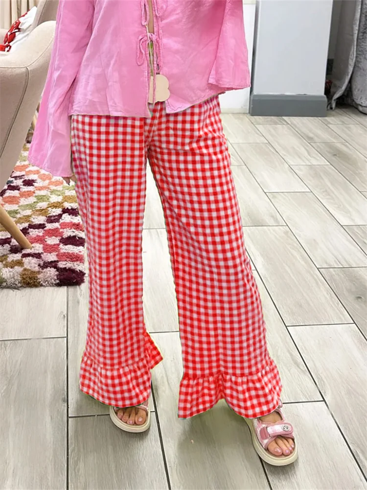 

Fashion Womens Plaid Print Pants Ruffles Legs Gingham Wide Leg Loose Casual Pull On Trousers Y2K Retro Chic Going Out Pants