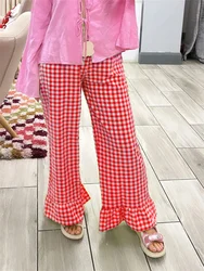 Moda Womens Plaid Print Pants Ruffles Legs Gingham Wide Leg Loose Casual Pull On Trousers Y2K Retro Chic Going Out Pants